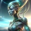Placeholder: gorgeous female humanoid alien, slender muscular warrior, looking over shoulder at the sky, tentacles, coper zinc orichalcum jewelry and piercings, beautiful face, mesmerizing starry eyes, smooth translucent skin, hourglass, size DD.