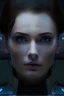 Placeholder: beautiful female captain, high tech, sci fi, brown eyes, pale skin, blue high tech outfit with orange lighting, dark bun hair, scowling, portrait, sitting on bridge main chair, less shadow, clean