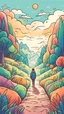 Placeholder: A happy and optimistic person walks in a land like paradise, and he is optimistic, a metaphor for joy hand-drawn colorful illustration style