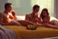 Placeholder: Digital painting of dad and two beautiful young teenage girl in a swimsuit on a bed. eating a banana. with dad, artstation, 8k, extremely detailed, ornate, cinematic lighting, vivid.