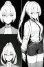 Placeholder: blonde girl with ponytails dressed in a jacket and shorts walks briskly, front view, greyscale