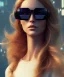 Placeholder: a young woman, BLONDE hair, green eyes, glasses, deep colors, cyberpunk, great pose, Realistic photography, incredibly detailed, ultra-high resolution, 8k, complex 3d render, cinema 4d, anatomically correct