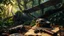Placeholder: create a cinematic adventure painting, abandoned biplane swallowed by dense jungle vines, sunlight breaking through canopy, on the ground lie weathered relics: scratched binoculars, cracked goggles, tattered leather pilot’s hat, worn map with torn edges, rusty pistol, all aged and battered, dramatic mysterious energy --ar 16:9 --v 7 --stylize 1500