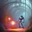 Placeholder: spray painting fantasy art, robot crashing through glass standing in portal to steamy forest world from dry desert world,poetry book illustration