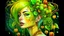 Placeholder: green background, Punk Woman 49 years old, hair made of Fruits, Grapes, tangerines, gold, gouache, watercolor, acrylic, paint drips, branches, fine drawing, golden makeup, bees, tattoo, alien, bright colors, fine drawing, double exposure , high detail, high resolution, 8K, 3D, bees,