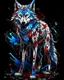 Placeholder: anthropomorphic wolf full body art illustration black background red, blue and white color