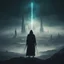 Placeholder: Dark oriental Sinister alien landscape. A futuristic city in the distance. Dark mist. Dark hooded Man with The powers of a god holding a glowing wand to the sky.
