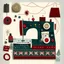 Placeholder: a Christmas card in a graphic style, a sewing machine made of tailoring accessories, threads, buttons.