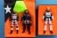 Placeholder: Mike pence G.i. Joe toy doll space force uniform inside a blister packaging hanging on a Wallrack in toystore, fluorescent orange, wide angle shot whole body, black moonboots, fullsize, bright green pricetag