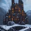 Placeholder: Portrait of a wide dark castle on a snowy mountain, oil painting, symmetrical, architecture, medieval, fantasy, superrealistic, dark colors, HD, 4K