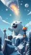 Placeholder: comet that looks like polar bear laughing spreads bad weather above frozen artic jungle with weird alien towers gets torn apart under him, in the style of Pixar, expertly crafted in a whimsical and vibrant cartoon style. is masterfully rendered in a lifelike 3D design, which captivates viewers with there irresistible charm.