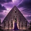 Placeholder: Hyper Realistic Beautiful-Alien-Cleopatra standing her prehistoric-pyramid with her alien-prehistoric-guards in-perfect-symmetrical-order & ancient ruins behind them with purple-cloudy-sky at dark-heavy-rainy-night giving dramatic & cinematic ambiance