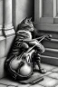 Placeholder: One single mature homeless cat sleeping in a corner on the street, violin case, Vienna, mourning, model style, hyper realistic, extremely accurate, delicate, extremely detailed, Graphic novel style, wide-angle, open aperture, superfine pencil