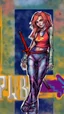 Placeholder: teen woman in retro-futurist cyberpunk costuming with pants and sheathed swords leaning to the side with shoulder against a brick pillar, add a background of brick with graffiti of a large arrow pointing to the right and text of the word "PUB" on lower left