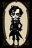 Placeholder: black haired black eyed young man necromancer steampunk goth Gnome that looks like a young Edgar Allan Poe with gothic jewelry in the style of Charles Addams