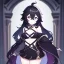 Placeholder: Clear focus, High resolution, rough line sketch art, long black hair, hair between eyes, fluffy hair, purple eyes, wearing a off shoulder shirt, no spaghetti strapes, dark aura, 1girl, wearing a skirt, genshin impact, wearing a little bit revealing outfit