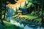 Placeholder: retro anime style, full color, dark serious 1980s anime style, A lake in the forest with a cottage, watercolor, forest,