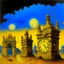 Placeholder: A yellow glowing ruins with clocks in a thunderstorm painted by the Limbourg brothers