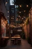 Placeholder: A trendy urban alleyway at dusk, with graffiti art, vintage storefronts, cozy cafes with outdoor seating, and string lights creating a magical and inviting ambiance.