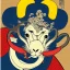 Placeholder: Ukiyo-e style illustration of blue and yellow Bighorn Ram holding a football