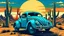 Placeholder: Create an image of a blue Beetle car driving through the desert with cacti in sunset comic style