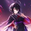 Placeholder: Clear focus, High resolution, Black hair, low small ponytail, purple dead eyes, japanese outfit, serious expression, one arm on hip, other hand free, purple red white and black outfit, skirt, slit in skirt, ahoge, purple glowing katana on her waist (solo), hair between eyes