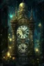 Placeholder: MAGIC antique carved clock close-up on a stone tower covered with ivy and roses against the background of a night-time fairy-tale city, magic, magical lighting effect, illustration to a fairy tale, multilayer watercolor, fireflies, fine drawing of details with pencils, realistic, digital art, colors grey, emerald, umbra, beige, gold