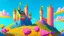 Placeholder: Castle on a hill, Pink walls, orange towers, yellow flowers on the ground, dark blue roof and aqua blue sky, very detailed