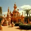 Placeholder: A light rosy orange colored desert with a mechanical palace designed in Hawaiian tiki statues painted by Salvador Dali