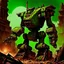 Placeholder: 90's fantasy tcg art of a giant junk mech made of multiple parts in the ruins of a post apocalyptic green sludge junkyard