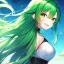 Placeholder: girl, masterpiece, best quality, volumetric lighting, detailed outfit, perfect eyes, green hair, green eyes, long hair, laughing, looking back, black stockings,