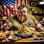 Placeholder: patriotic repulican fat american eating fries in his super messy kitchen HD