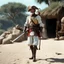 Placeholder: [high res photo by Gilligans Island] Don Quixote smiles, ready to fight, in dust, rust and blood, his body is covered with cartridge belts