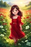 Placeholder: Adorable digital painting of a cute little girl in a gorgeous red dress smiling in a field surrounded by clover, cute chibi face, glowing eyes, long dark hair, high quality