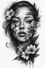 Placeholder: A realistic drawing in negative space black ink on white background of a beautiful flowers with abstract brushstrokes face tattoos to enhance her face max enrist