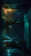 Placeholder: dimly lit cramped grimy cyberpunk sleeping quarters