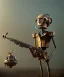 Placeholder: happy mechanoid person playing jazz with a steampunk theme, realistic