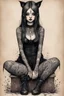 Placeholder: Petit girl goth many tattoos on his body, siting, fullbody, watercolor illustration by <John Kenn Mortensen>, darkred tones,