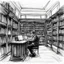 Placeholder: [a pen sketch with a lot of strokes] a man in a library