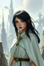 Placeholder: A young woman with black hair green eyes, using greek white style dress, a cape, looks futuristic high towers and spacecrafts