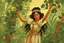 Placeholder: a lush jungle, a woman dressed in embroidered folk costume with a beaded bonnet on her head holding on to a vine with one hand while swinging across and reaching for the next vine with the other, dynamic movement, sunshine