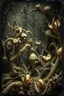 Placeholder: A daguerreotype-style close-up image of a surreal background inspired by Hieronymus Bosch and Max Ernst, featuring twisted organic forms, decaying botanical elements, and strange vegetal growths that seem to pulse with unnatural life. The entire scene is bathed in soft, ambient lighting that creates an otherworldly atmosphere, with areas of deep shadow contrasting against the pale, spectral glow of the figures.