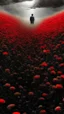 Placeholder: Bosch nightmares paining style Title:a field of poppies all colored in black and white, on red rose standing in the middle , 8k artistic photography, photorealistic concept art, soft natural volumetric cinematic perfect light, chiaroscuro, award-winning photograph, masterpiece, oil on canvas, Raphael, Caravaggio, Greg Rutkowski, people, beksinski, Giger