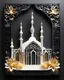 Placeholder: Greeting Card paper crafts abstract 3D shape islamic mosque,blank foto frame, foliage and flowers incorporated, light emitting, black background