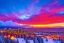 Placeholder: Brilliant sunset at a snow covered icy Waikiki Beach and the city of Honolulu Hawaii covered in winter snow and ice at sunset, alcohol inks, dazzling wet bright colors, winter wonderland