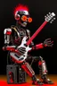 Placeholder: Firestarter robot hardrock with a guitar. Robot kind terminator. Seems angry against humans.