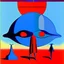 Placeholder: French surrealism animation art from 1970s, illustration of large blue alienoid creatures, mesmerizing, hallucinogenic tones, strange, creepy cutout style of animation of phantamosgoric giant blue alien with red eyes, Czech animation tradition, art by Roland Toper, Dali-esc environment, trance-like, Fantastic Planet aliens