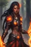 Placeholder: Visualize a commanding female Paladin Druid with bright red eyes effortlessly conjuring flames with her hands. Picture her black, half-braided hair seeming ablaze, surrounded by the glow of magical embers. Clad in lightweight armor, she relies on fire and magic, a scar on her face telling tales of battles on her tanned skin, embodying strength and elemental mastery.