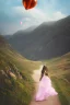 Placeholder: A beautiful girl walking along a mountain path, walking against the wind with balloons in her hand. nature, HD photography, Galen Rowell, David Muench, perfect composition, gloss, hyperrealism