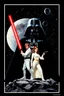 Placeholder: black background onto which the outline of darth vader standing filled with stars nebula and the Death Star is large within, in front in poses from the original star wars posters is Luke Skywalker with lightsaber and Princess Leia Organa with pistol both in white clothing atop crumbling stone